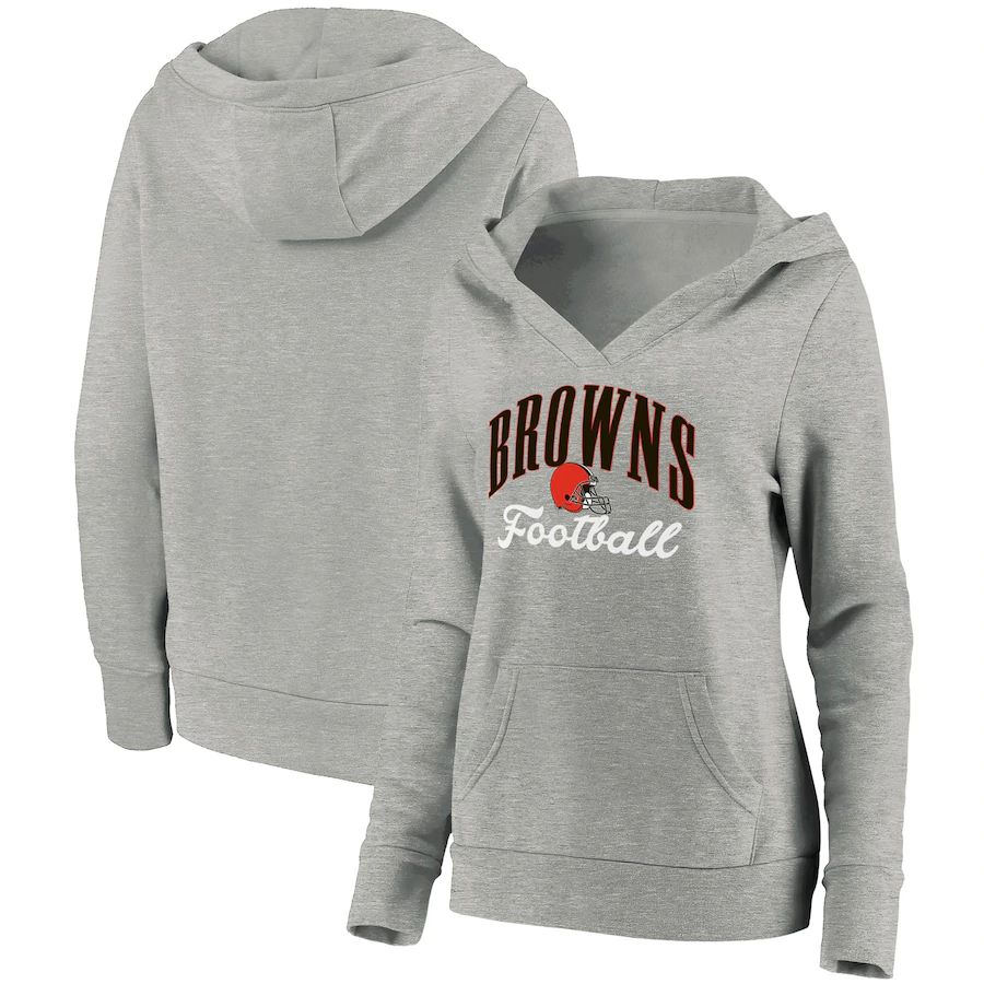 Women Cleveland Browns NFL Pro Line by Fanatics Branded Heathered Gray Team Victory Script Crossover V-Neck Pullover Hoodie